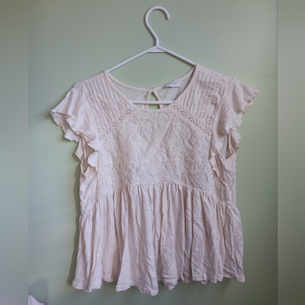 Lucky Brand Cream White Embroidered Ruffle Top